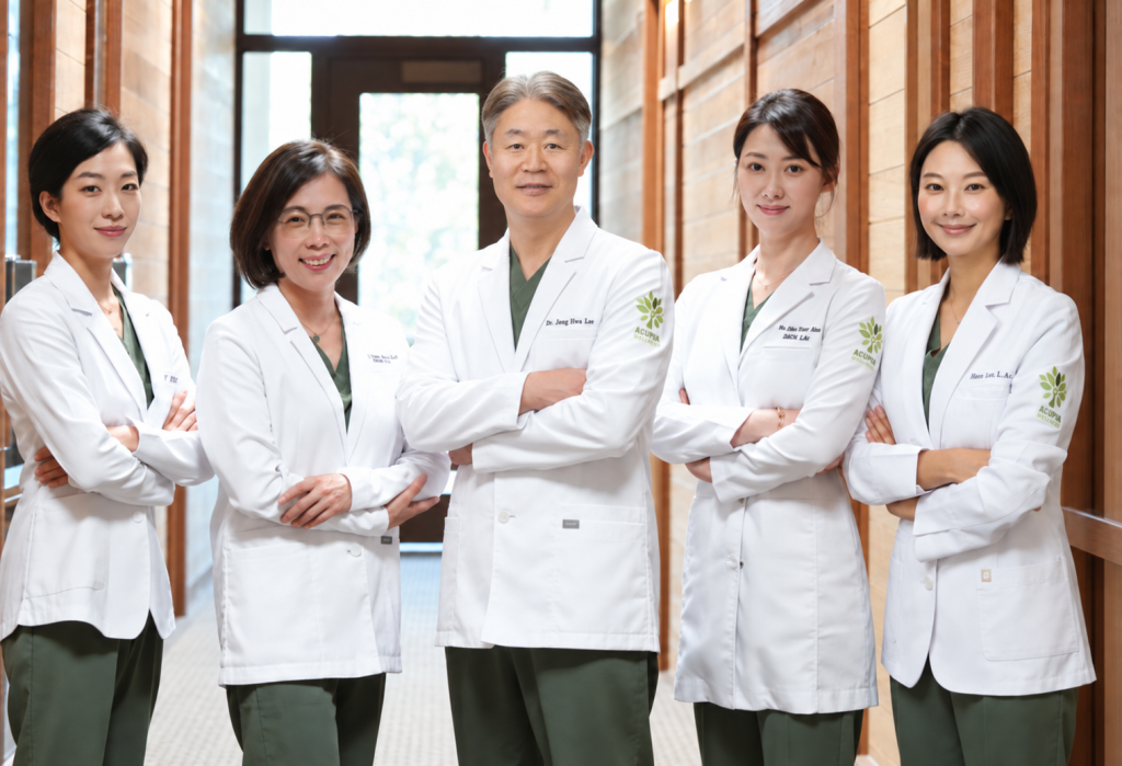 Five Acupia Wellness practitioners in white coats